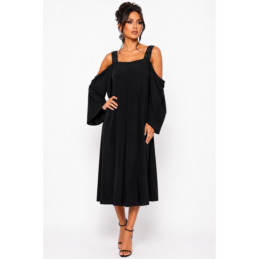 Elizabeth and James Fynn Emb‎ Black Cold Shoulder Embellished Midi Dress Size 8
